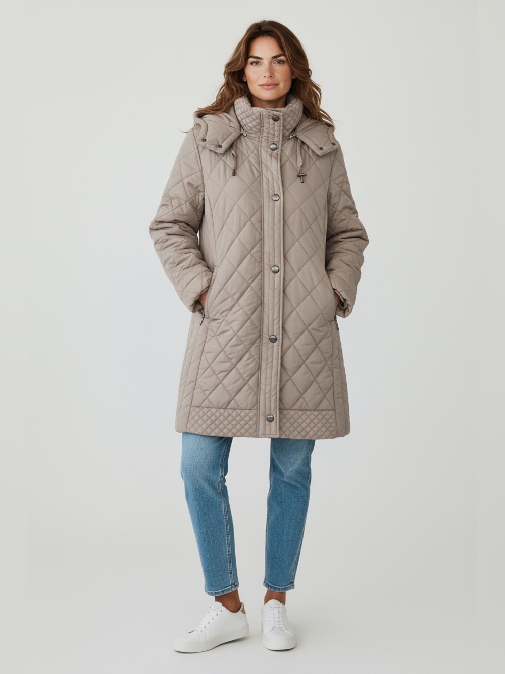 Black Label Quilted Long Puffer Coat in Taupe with detachable hood.